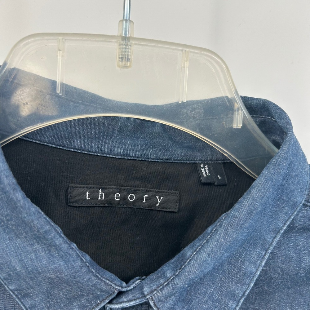 Theory Chambray Button Down Shirt Long Sleeve Dark Blue Men's Large Cotton - Picture 3 of 9